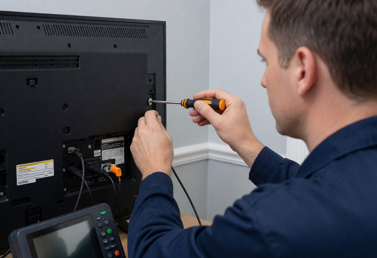 Technician in blue uniform using a screwdriver on a television with diagnostic tools in the foreground against a light gray wall