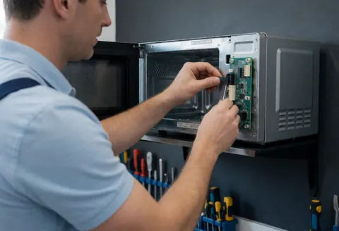 Technician installing a control board in a microwave with tools in the background, clean workshop, natural light, service in action