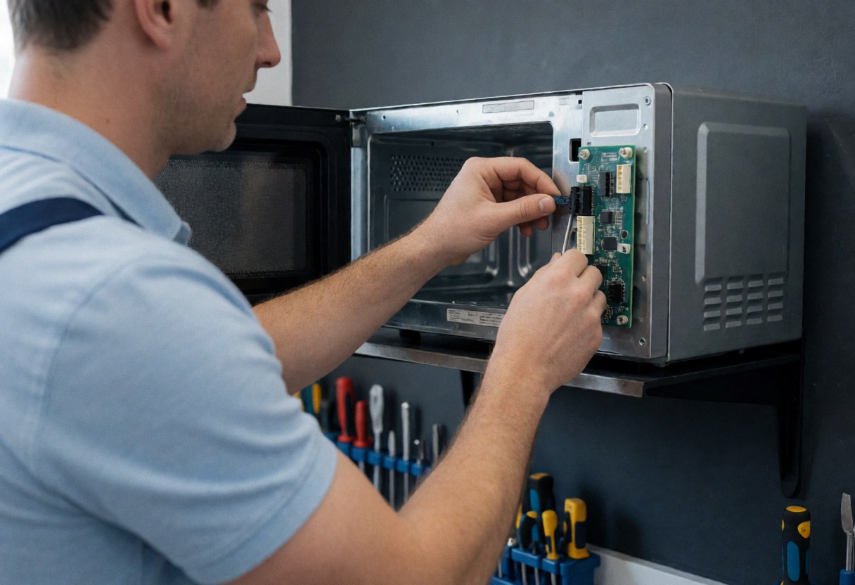 Technician installing a control board in a microwave with tools in the background, clean workshop, natural light, service in action