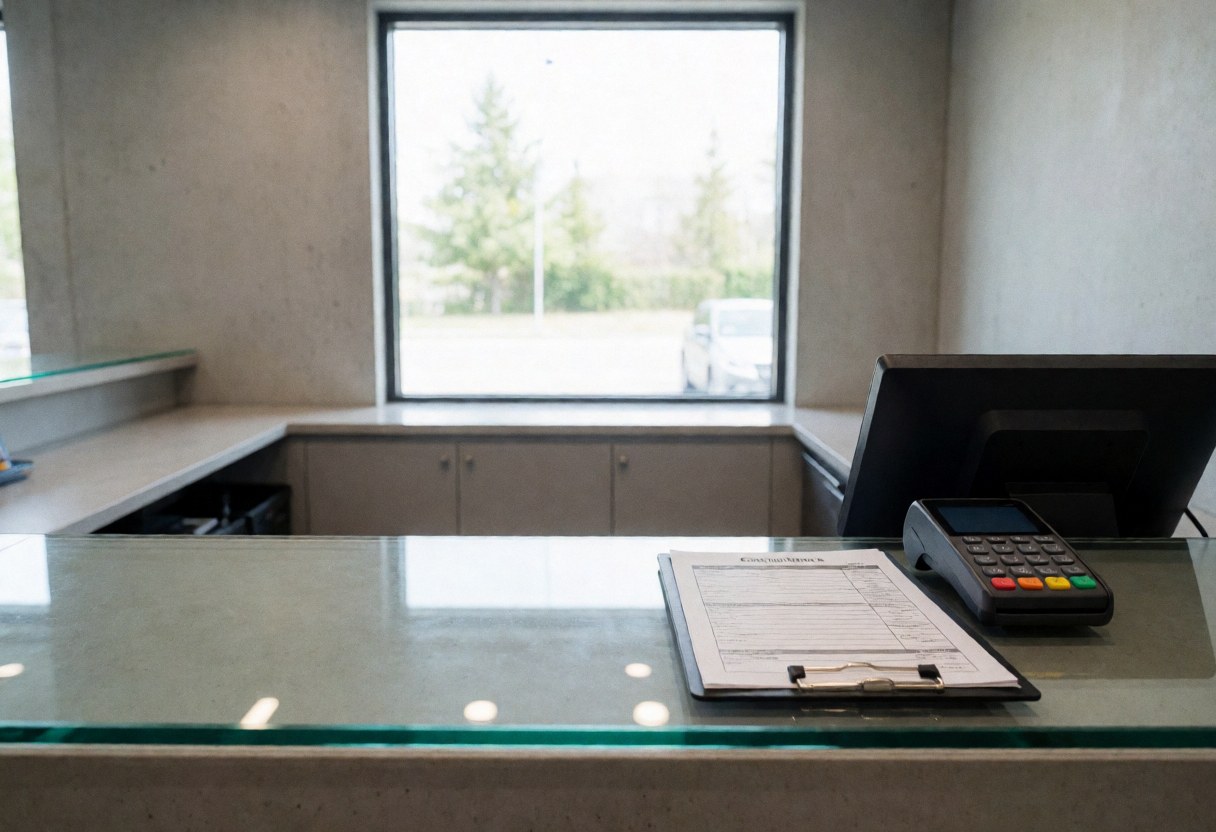 Reception counter in a mobile repair shop featuring a payment terminal, clipboard form, concrete walls, and a window with natural light.