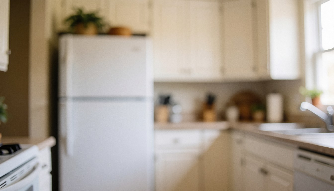 A white refrigerator stands in a bright kitchen with light-colored cabinets and natural lighting, suitable for appliance repair services.