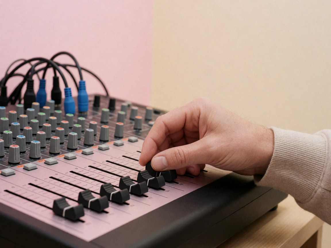 Close-up of a hand adjusting a slider on a professional sound mixer with cables and a pastel background