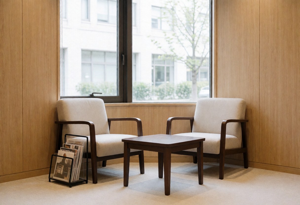 A waiting area featuring upholstered armchairs, a coffee table, and a magazine rack near a window with natural light.