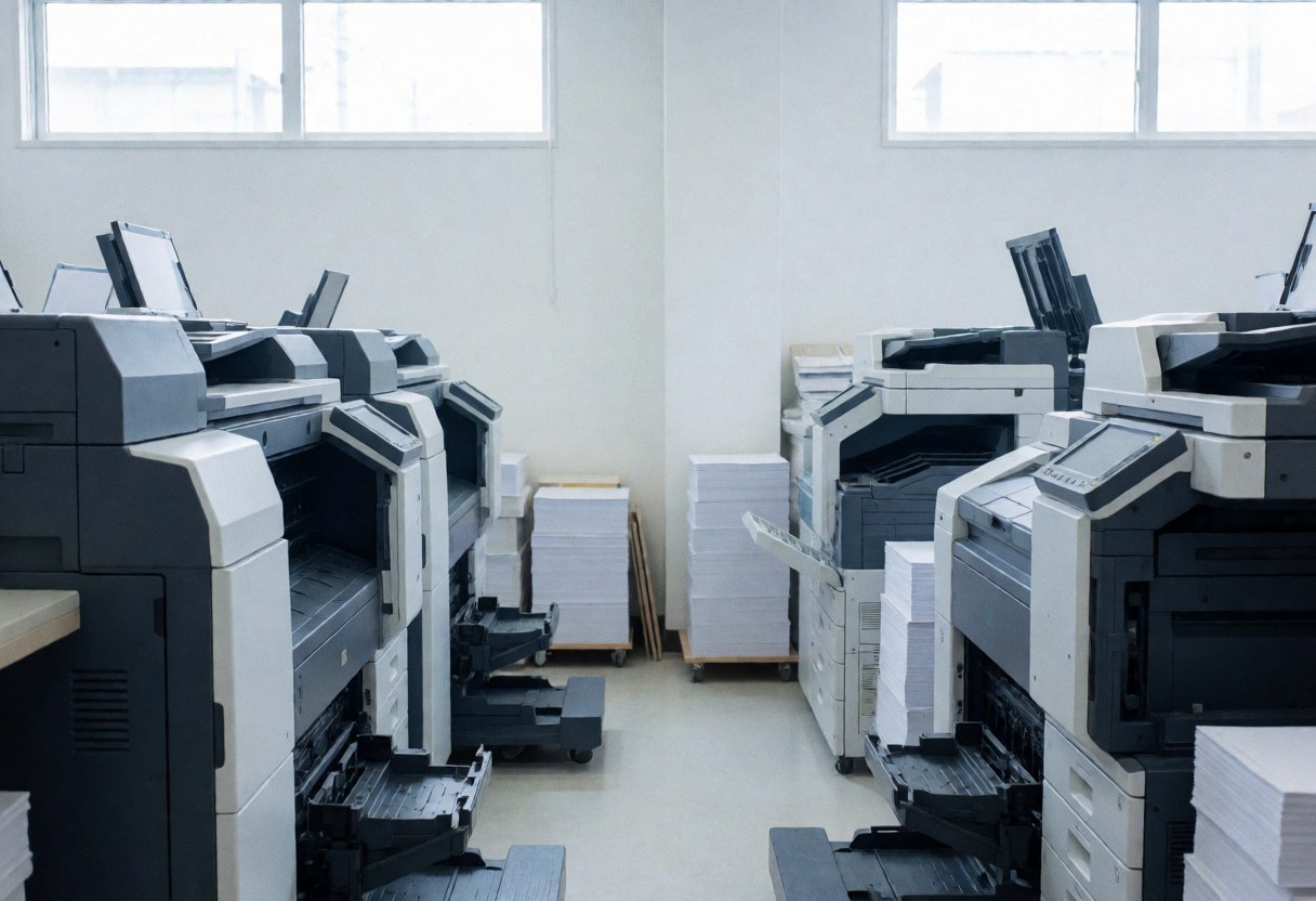 Large printing machines in a bright room with stacks of paper and natural light from windows, ready for operation