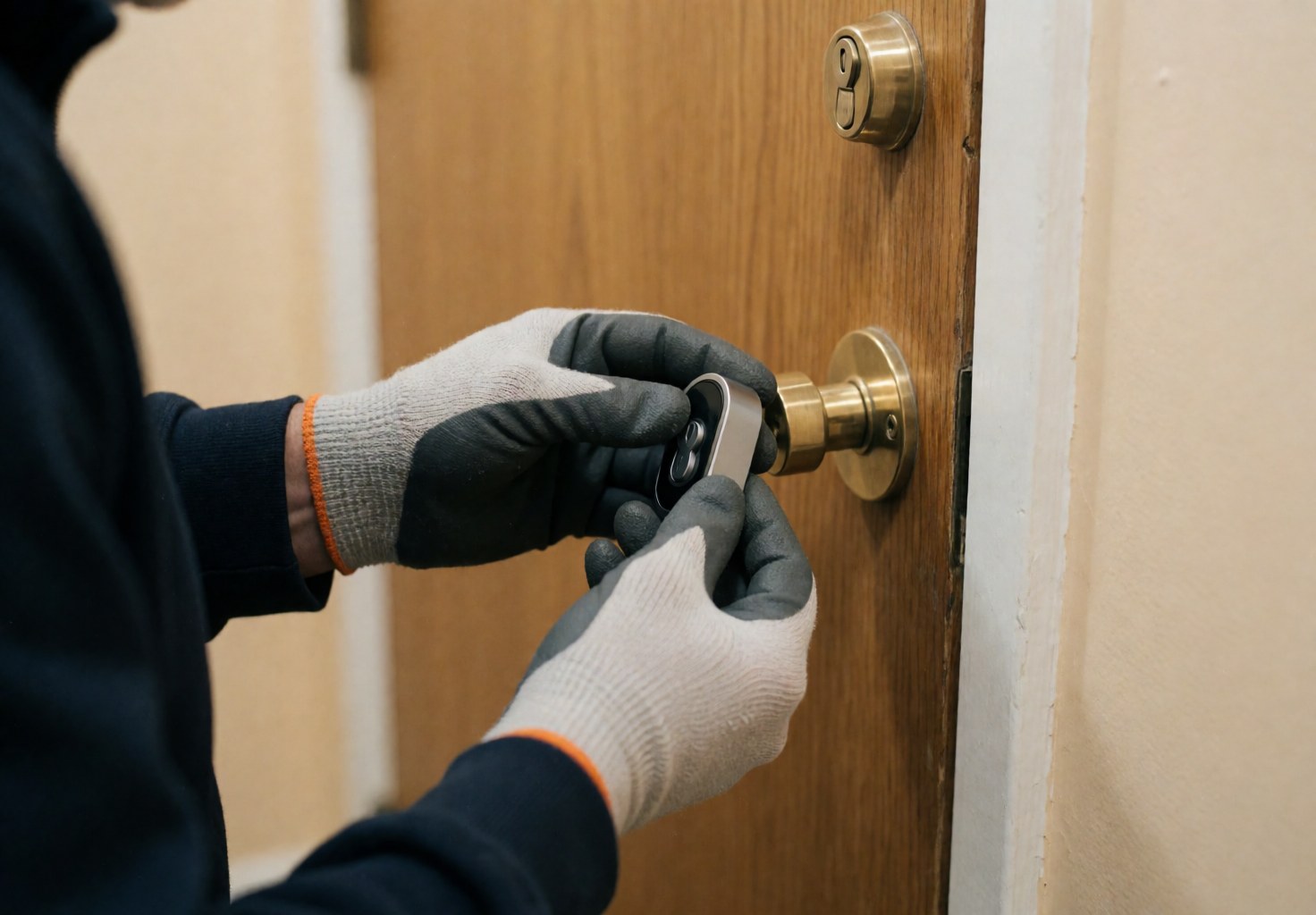 Technician installing a new smart cylinder lock on a wooden door, comparing it with the old brass cylinder. Lock repair scene.