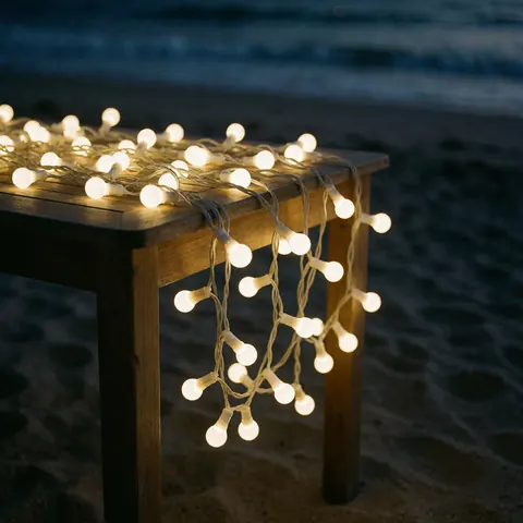 Warm white LED string lights draped over a wooden table on a beach at night with soft ocean bokeh in the background