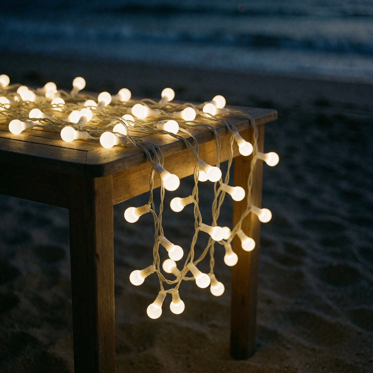 Warm white LED string lights draped over a wooden table on a beach at night with soft ocean bokeh in the background