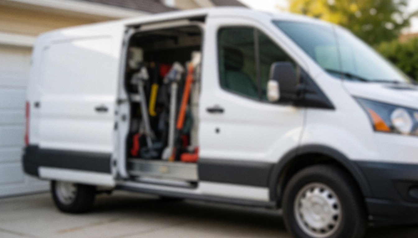 White van parked on a street with side door open showing repair tools for garage door installation services