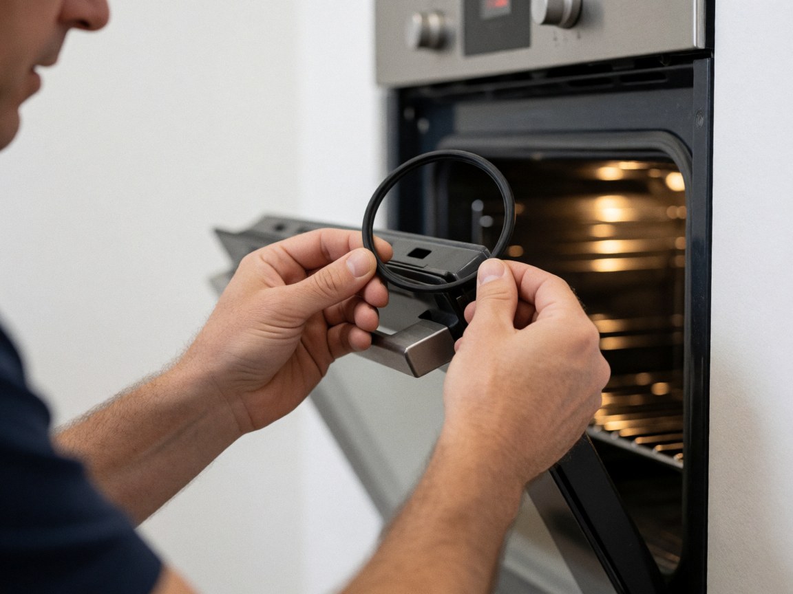 Close-up of a technician installing a new black rubber seal on an oven door frame against a white background with warm lighting highlighting the detail.