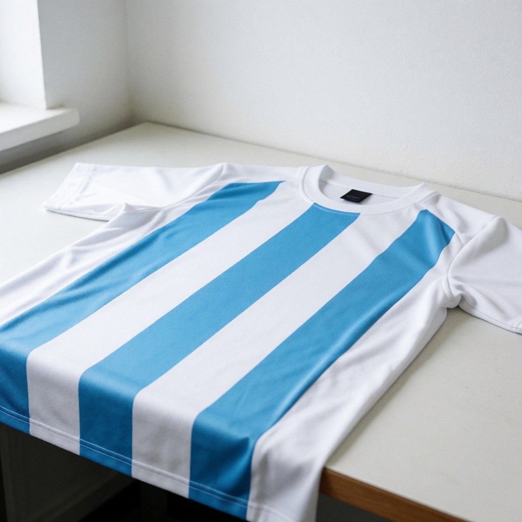 Blue and white vertical striped soccer jersey on a white table with natural window light, suitable for sportswear retail