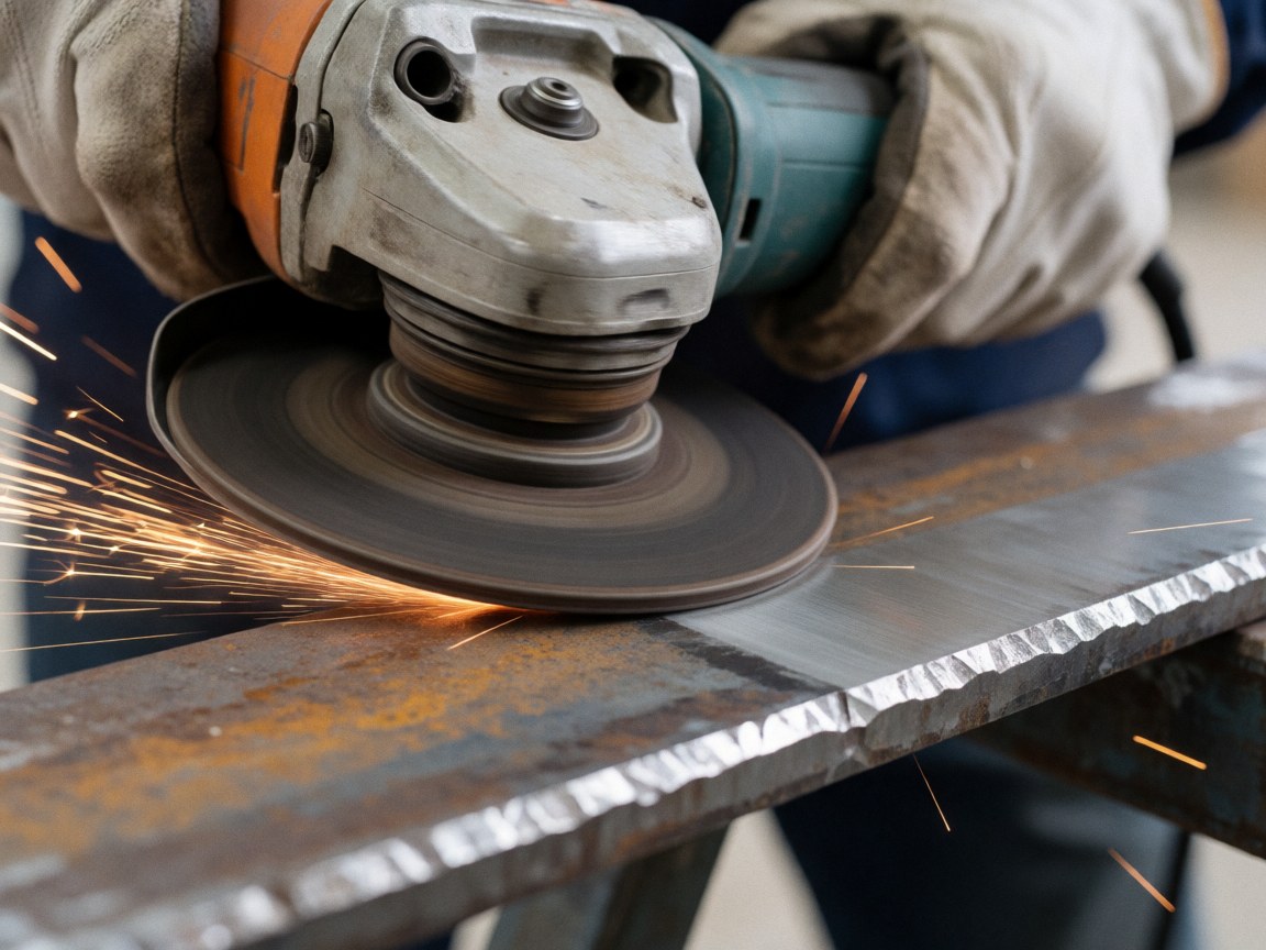 Close-up of a metal grinding disc emitting bright sparks while cutting, with protective gloves and tools visible on a rusty, polished industrial surface.