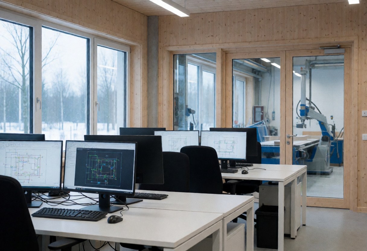 Modern technical office featuring white desks and monitors displaying CAD design plans, with an industrial workshop visible through glass doors.