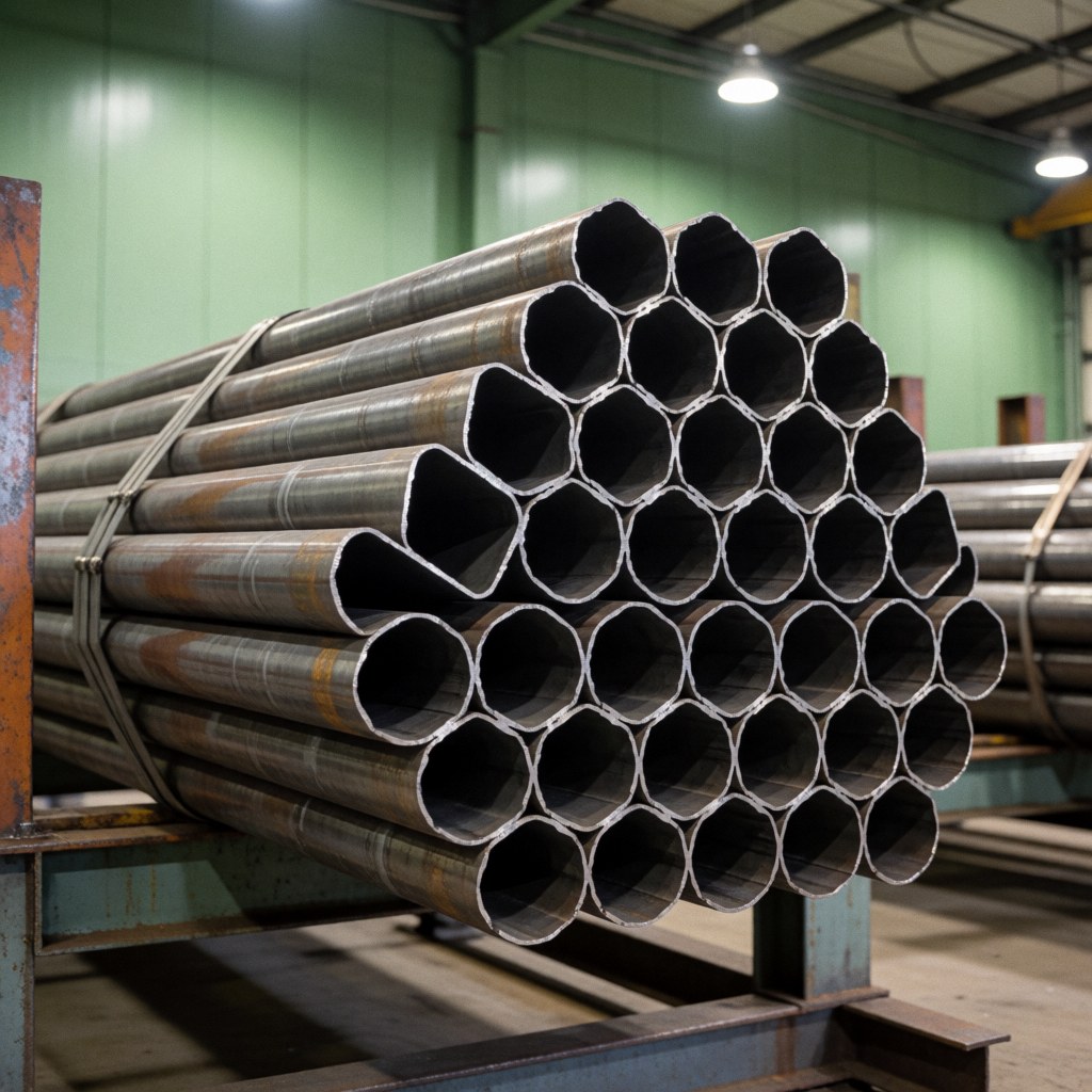 Bundle of steel pipes cut at 45-degree angles stacked on a metal rack in a factory with green walls and industrial lights