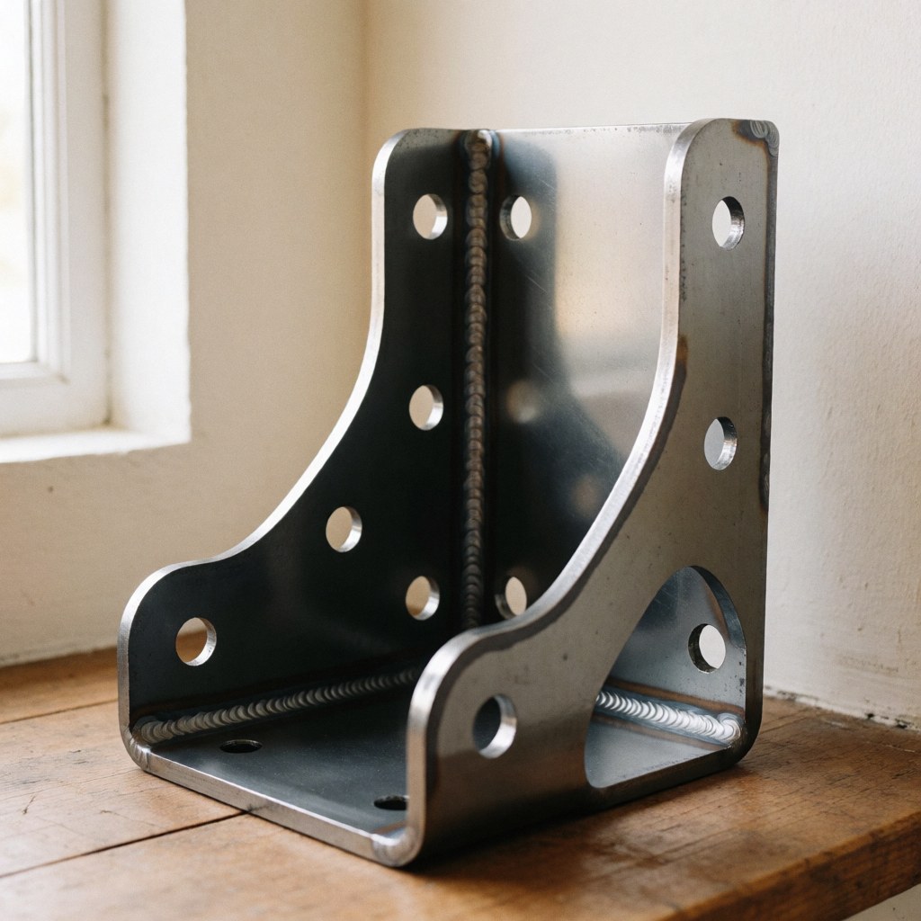 Close-up of a steel bracket featuring circular perforations and visible weld seams resting on a wooden surface near a window.