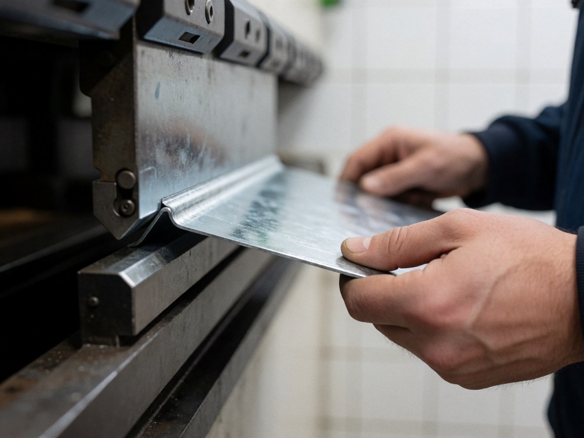 Close-up of a hand positioning a galvanized steel sheet in a press brake for precise bending against a white tiled background.