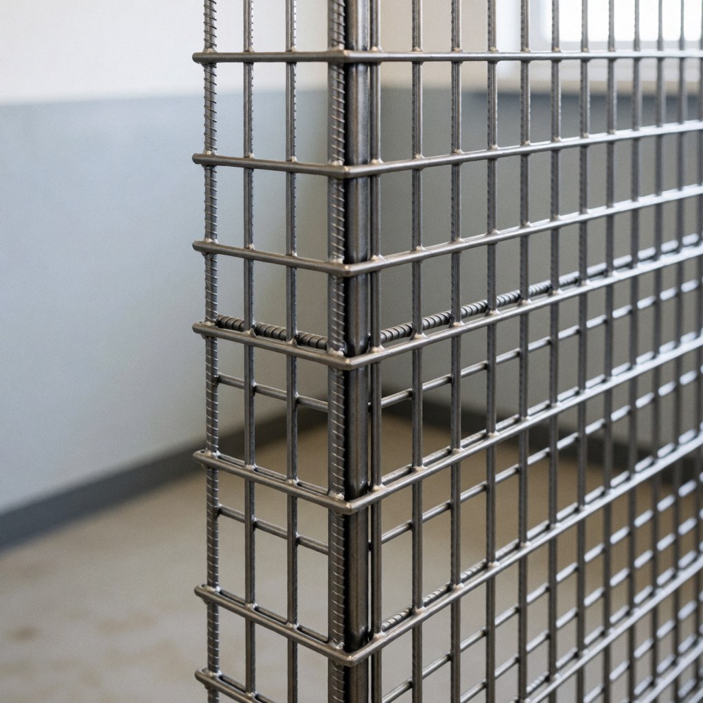 Close-up of a welded wire mesh corner with clean edges, set against a blurred workshop background featuring gray walls and cold steel texture.