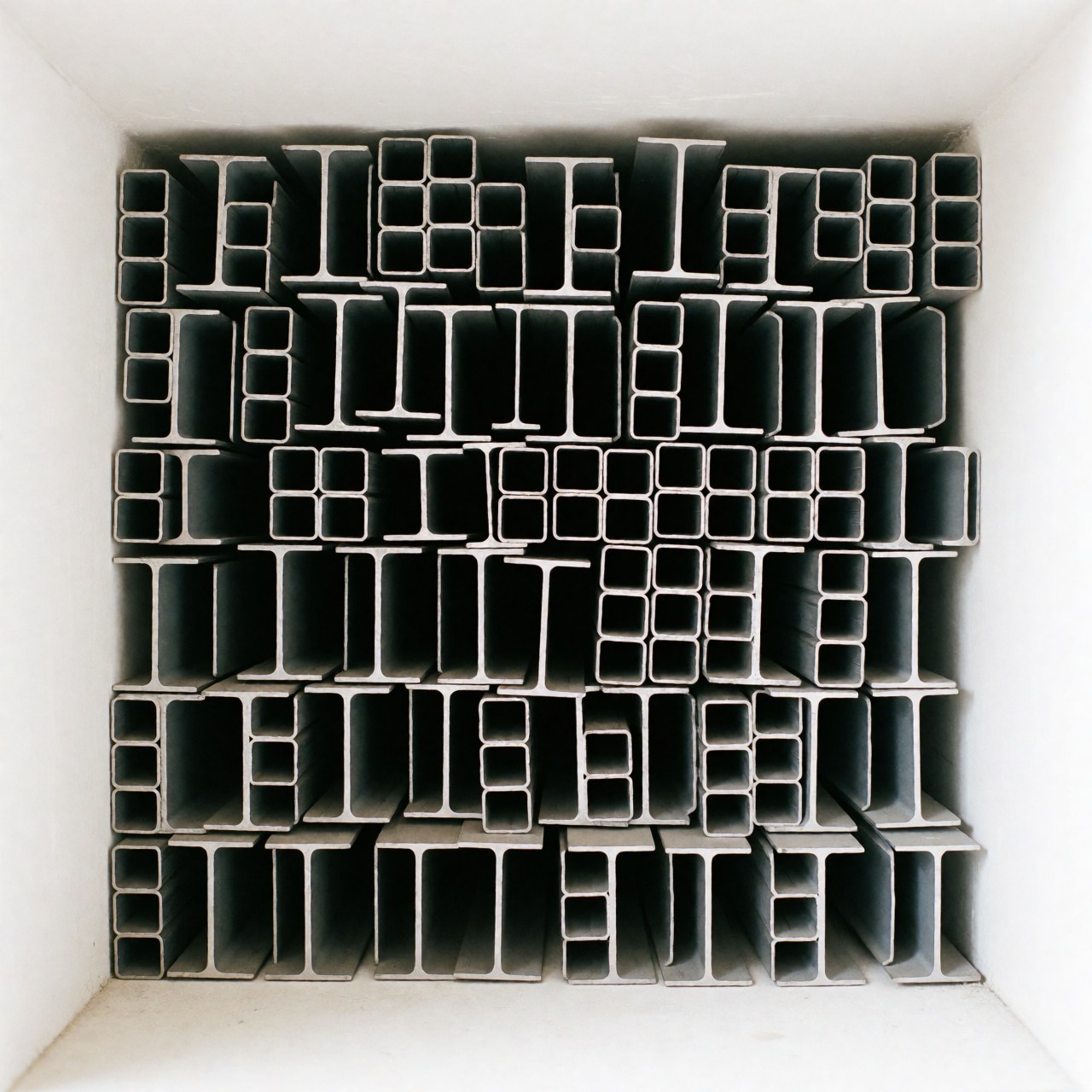 Neatly stacked cut I-beam profiles and square metal tubes in an industrial space with white walls and even lighting.