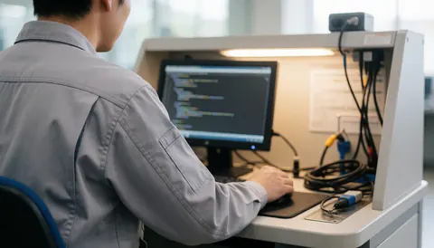 Technician in gray uniform working on mobile phone diagnosis with code screen and tools, professional scene with warm light and blurred background for text