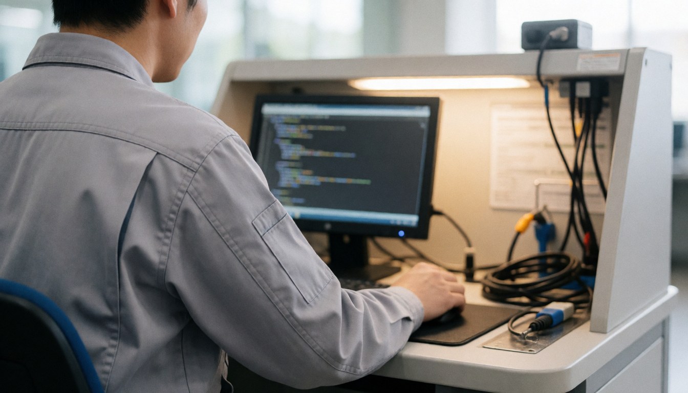 Technician in gray uniform working on mobile phone diagnosis with code screen and tools, professional scene with warm light and blurred background for text