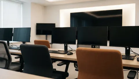 Empty modern video editing workspace featuring dark monitors, chairs, and desks with soft lighting and a professional atmosphere