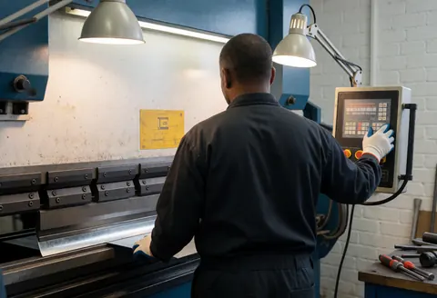 Worker adjusting the control panel of a hydraulic press in a metal workshop with white brick walls and industrial lighting