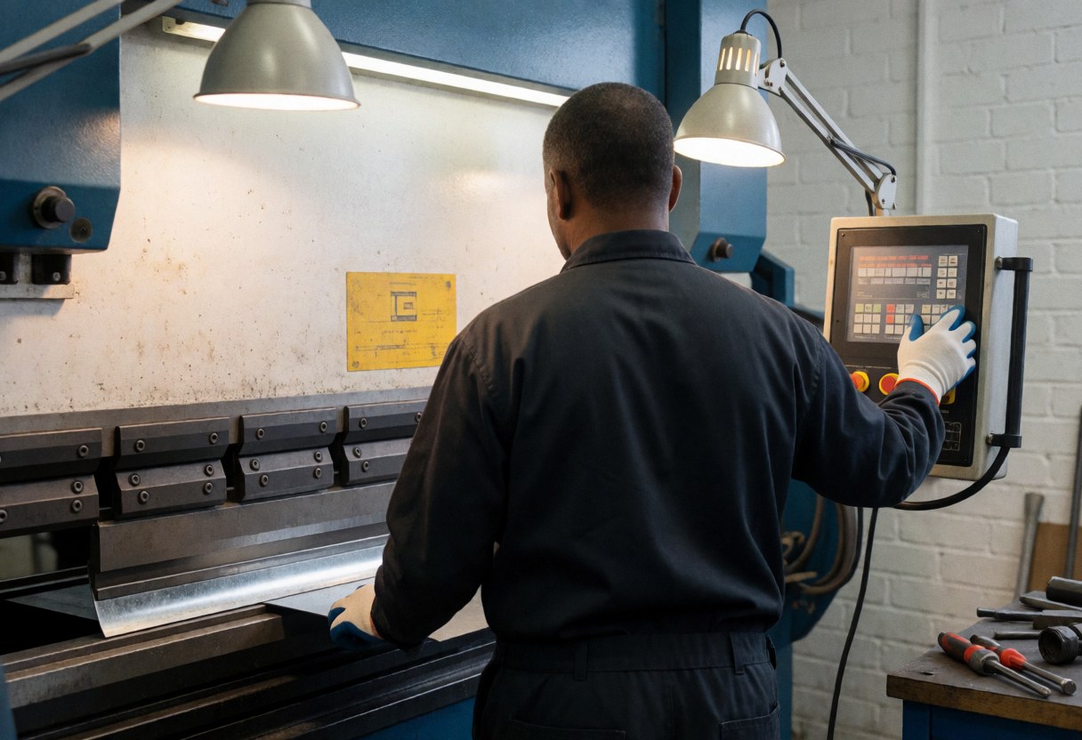 Worker adjusting the control panel of a hydraulic press in a metal workshop with white brick walls and industrial lighting