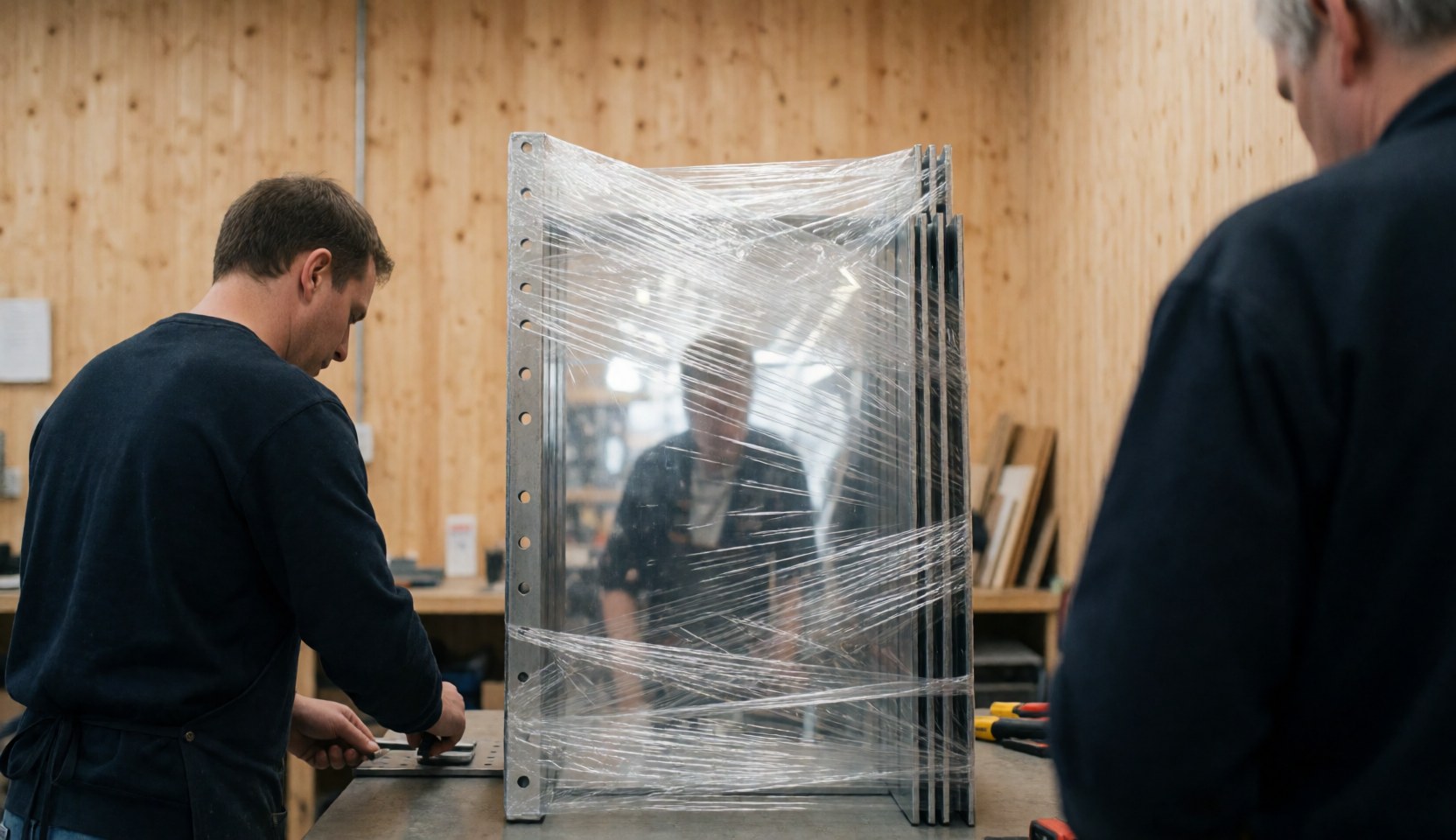 Two workers observing metal compasses wrapped in clear plastic inside a workshop with wooden walls