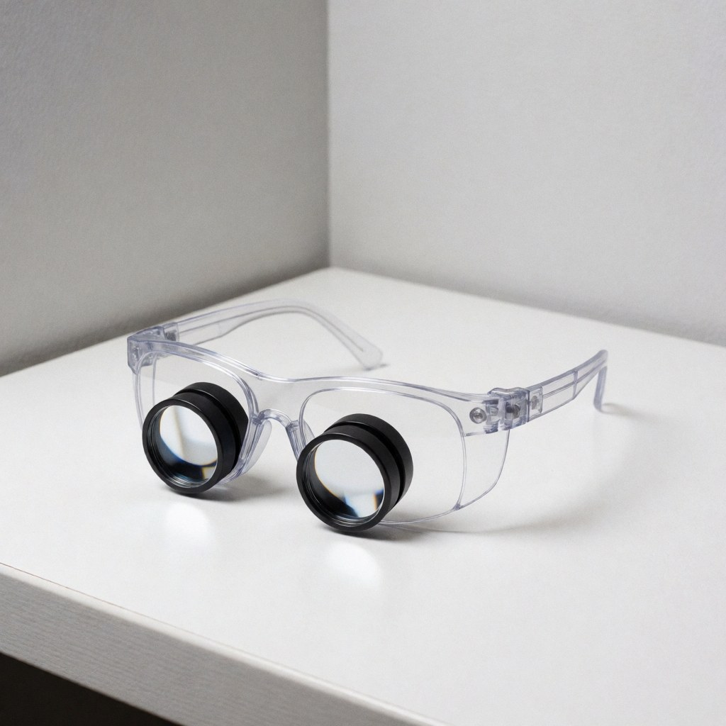 Protective glasses with magnifying lenses resting on a white surface, used for precise electronic console repair work.