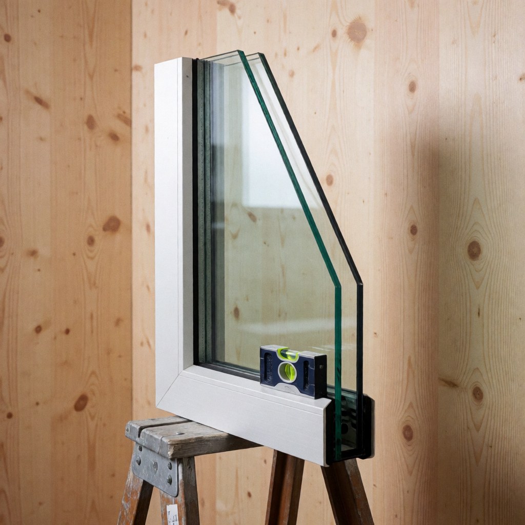 White framed insulated double glazing window with a leveler resting on a wooden ladder against light wood panel walls under professional lighting