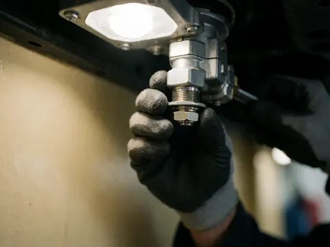Gloved hand adjusting a gas valve beneath the chassis of a recreational vehicle with bright lighting and dark background