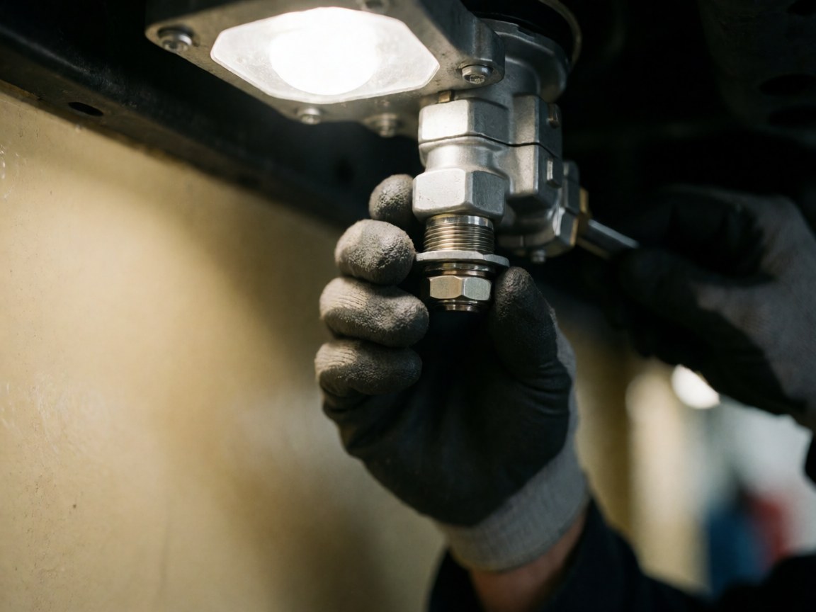 Gloved hand adjusting a gas valve beneath the chassis of a recreational vehicle with bright lighting and dark background