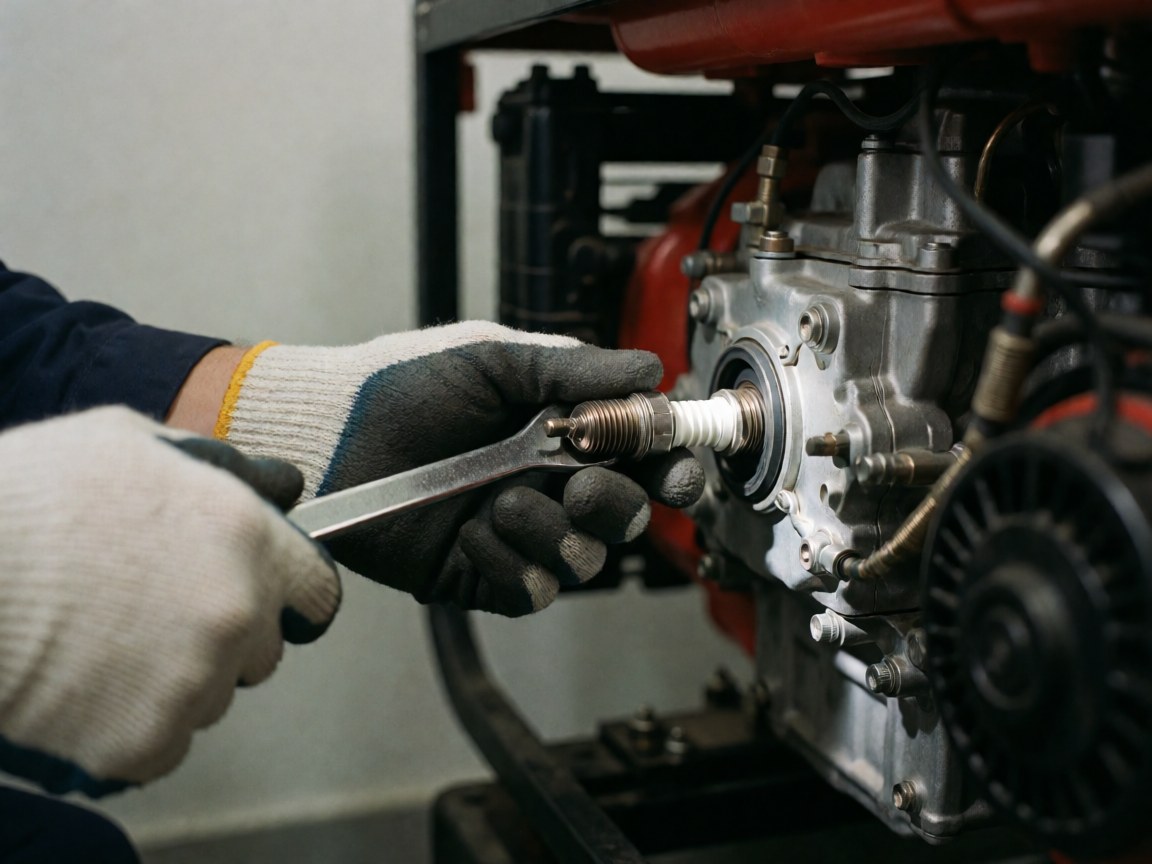 Close-up of a gloved hand using a tool to remove a dirty spark plug from a generator engine, showing metallic parts and carbon deposits.
