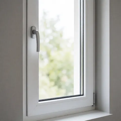 Close-up of a white insulated window featuring a smooth frame and metal handle, mounted on a gray wall with soft natural lighting.