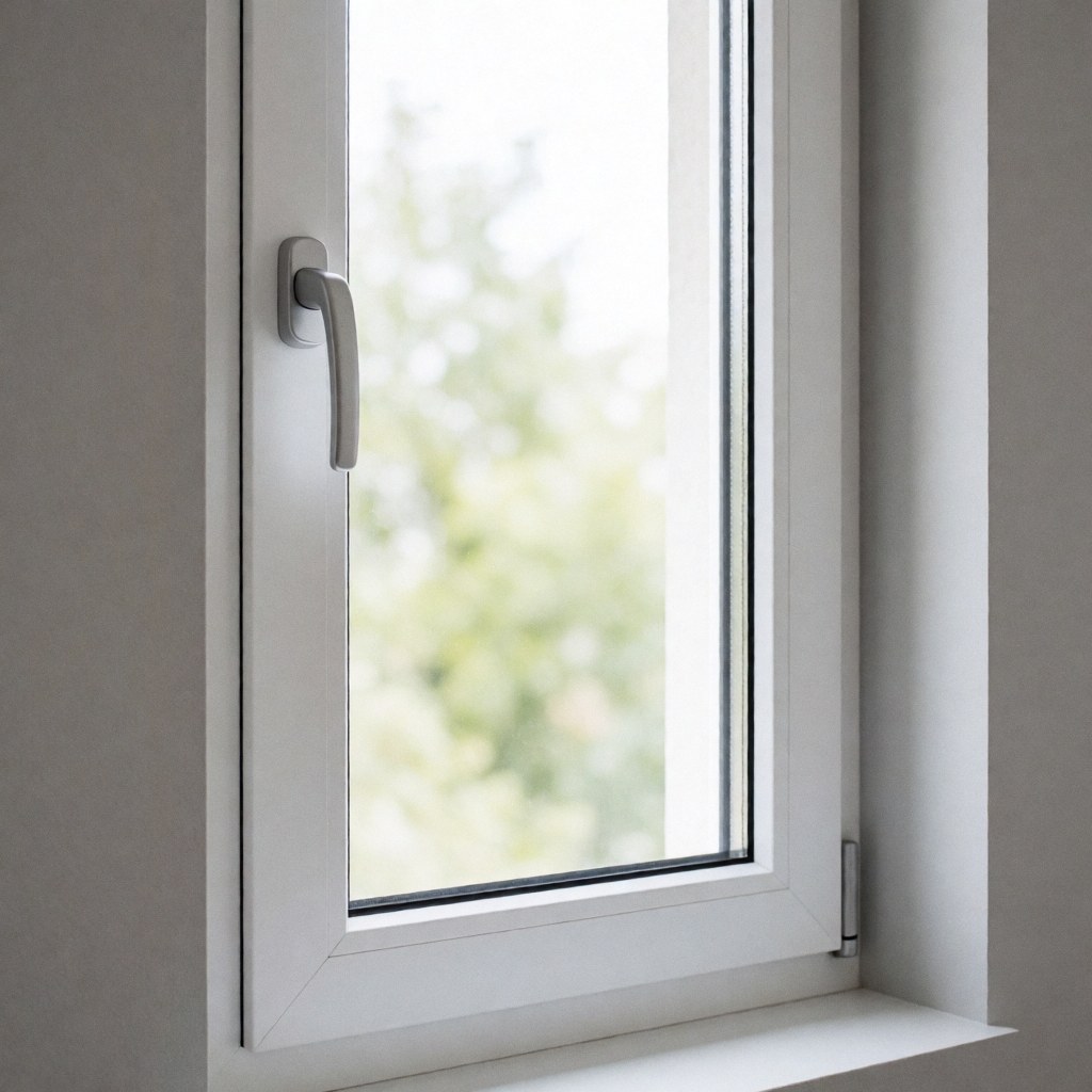 Close-up of a white insulated window featuring a smooth frame and metal handle, mounted on a gray wall with soft natural lighting.