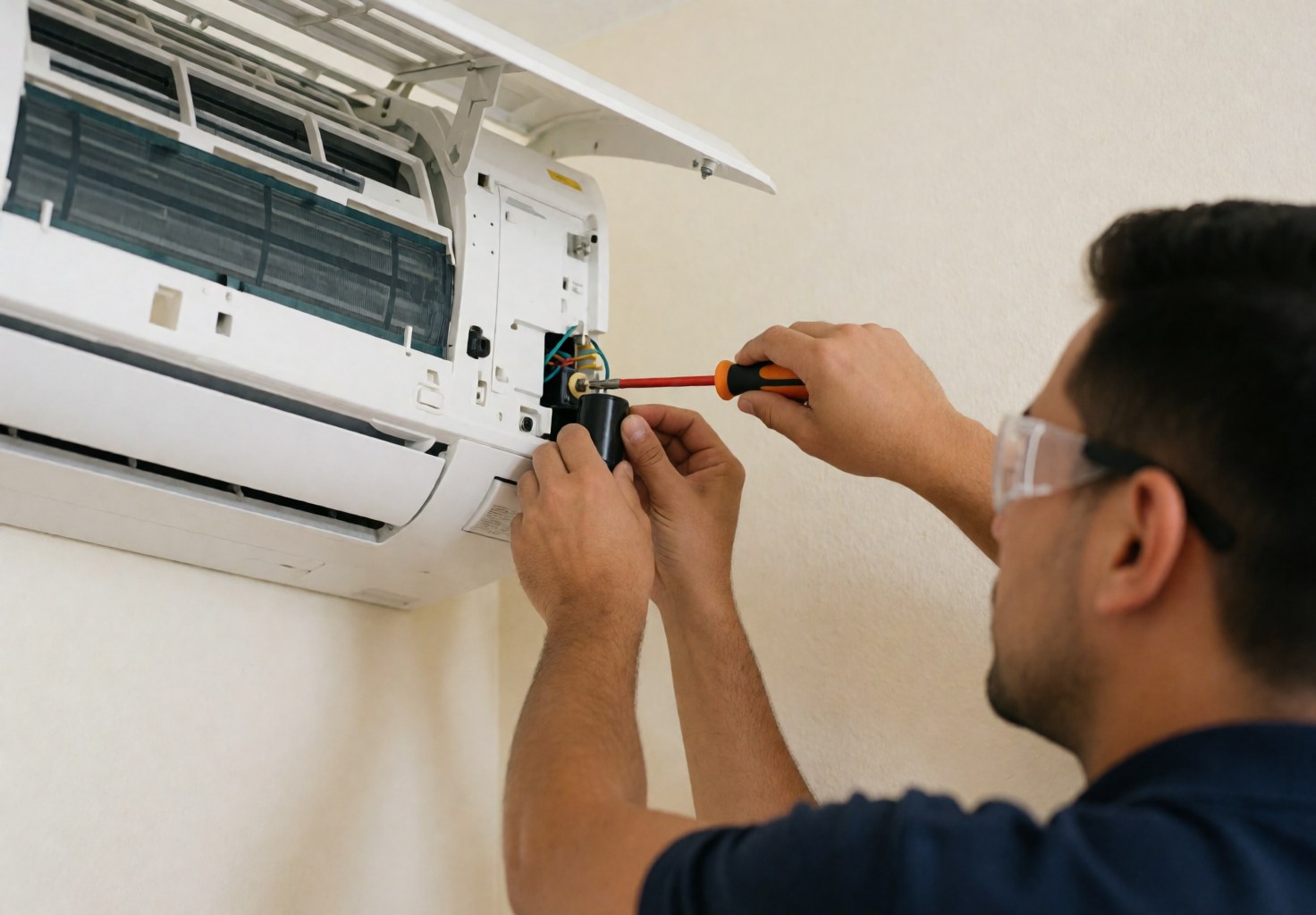 Technician with safety glasses replaces a capacitor in an air conditioning unit using a screwdriver, showing the interior components and wiring.