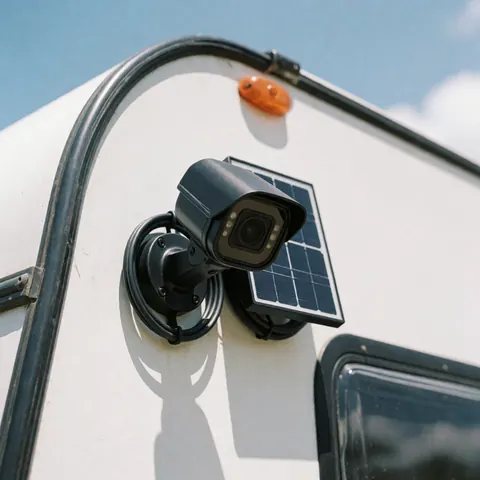 Outdoor security camera mounted on the white wall of an RV next to a solar panel and cable under bright sunlight.