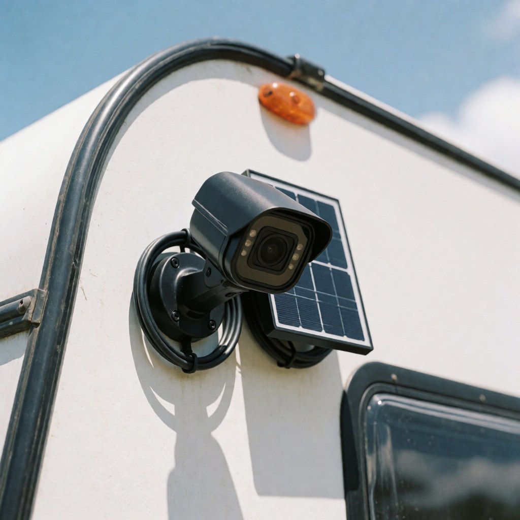 Outdoor security camera mounted on the white wall of an RV next to a solar panel and cable under bright sunlight.