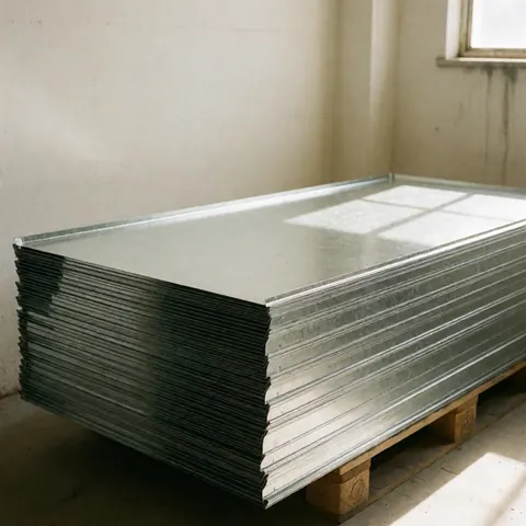 Pile of galvanized steel sheets stacked on a wooden pallet in an industrial workshop with natural light and cream walls