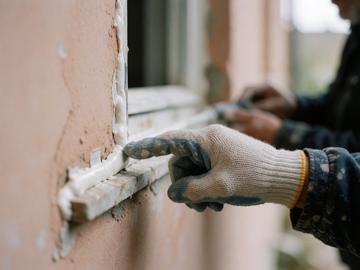 Gloved hand applying white sealant to a window frame against a terracotta wall with visible dust and sealant marks