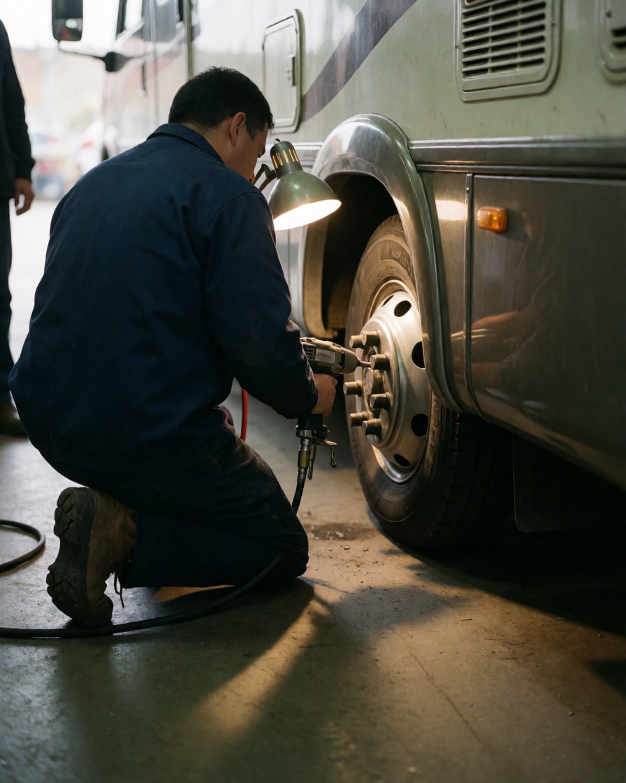 Technician working on a motorhome tire with an impact wrench in a repair shop illuminated by a work light