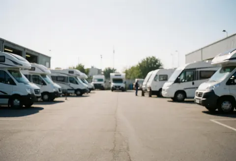 A worker stands in the center of a camper repair shop with several vehicles parked in a row under daylight.