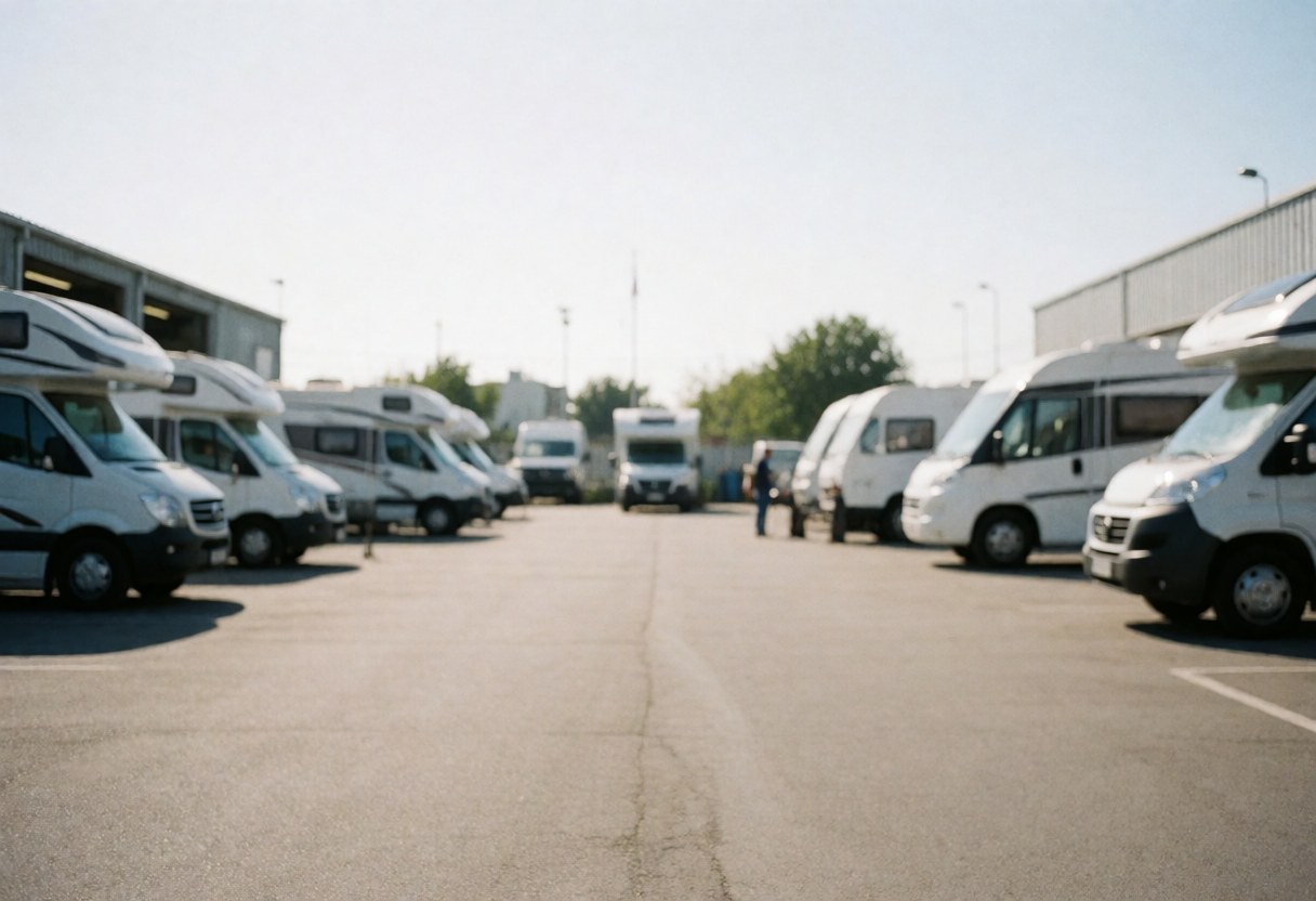 A worker stands in the center of a camper repair shop with several vehicles parked in a row under daylight.