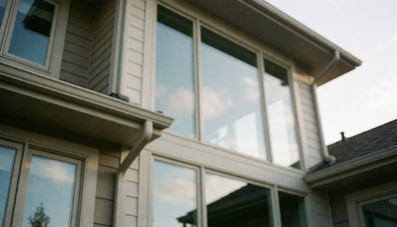 Beige modern home exterior featuring large energy-efficient insulated windows, clean gutters, and natural lighting, suitable for window installation services