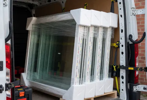 New insulated windows packed with protective foam and safety tape, ready for transport in a van.