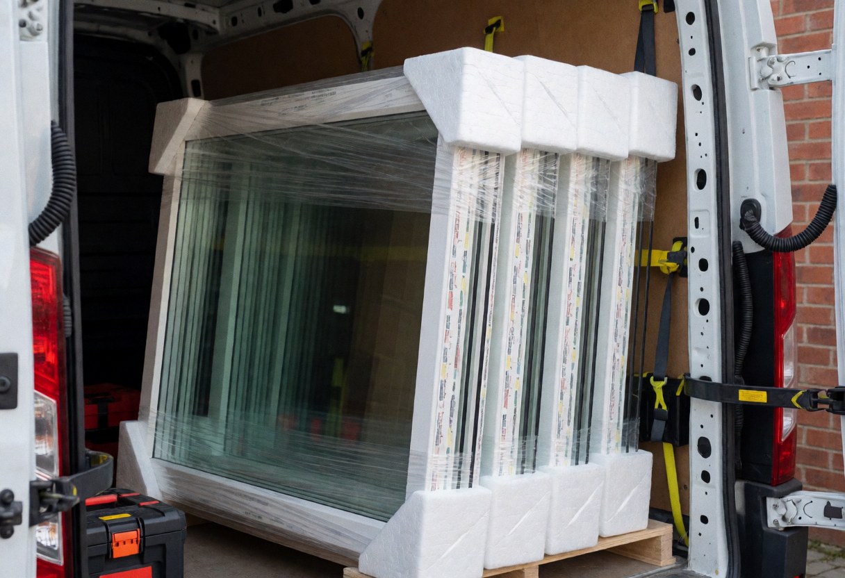 New insulated windows packed with protective foam and safety tape, ready for transport in a van.