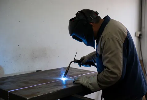 A welder wearing protective gear uses a plasma cutter on a large steel plate, with blue arc light highlighting the precision of the industrial metal cutting service.