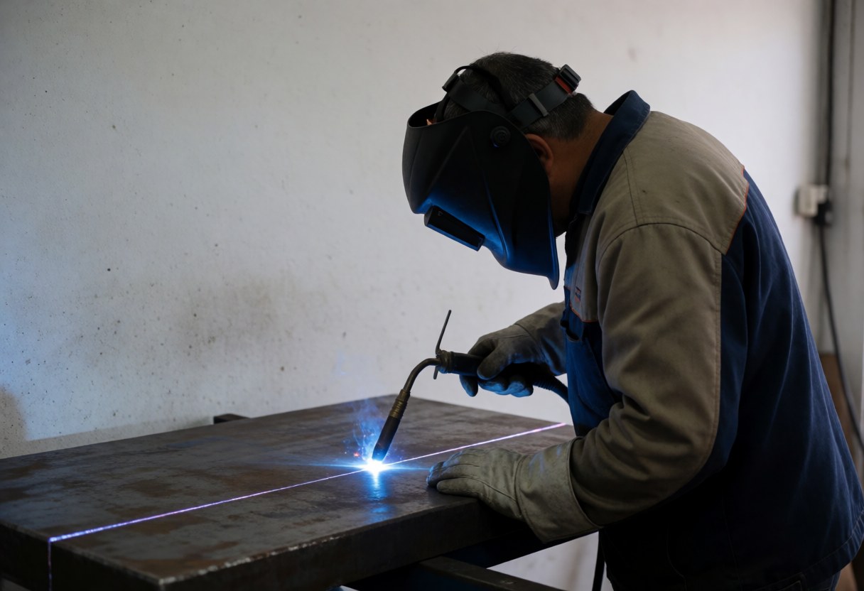 A welder wearing protective gear uses a plasma cutter on a large steel plate, with blue arc light highlighting the precision of the industrial metal cutting service.
