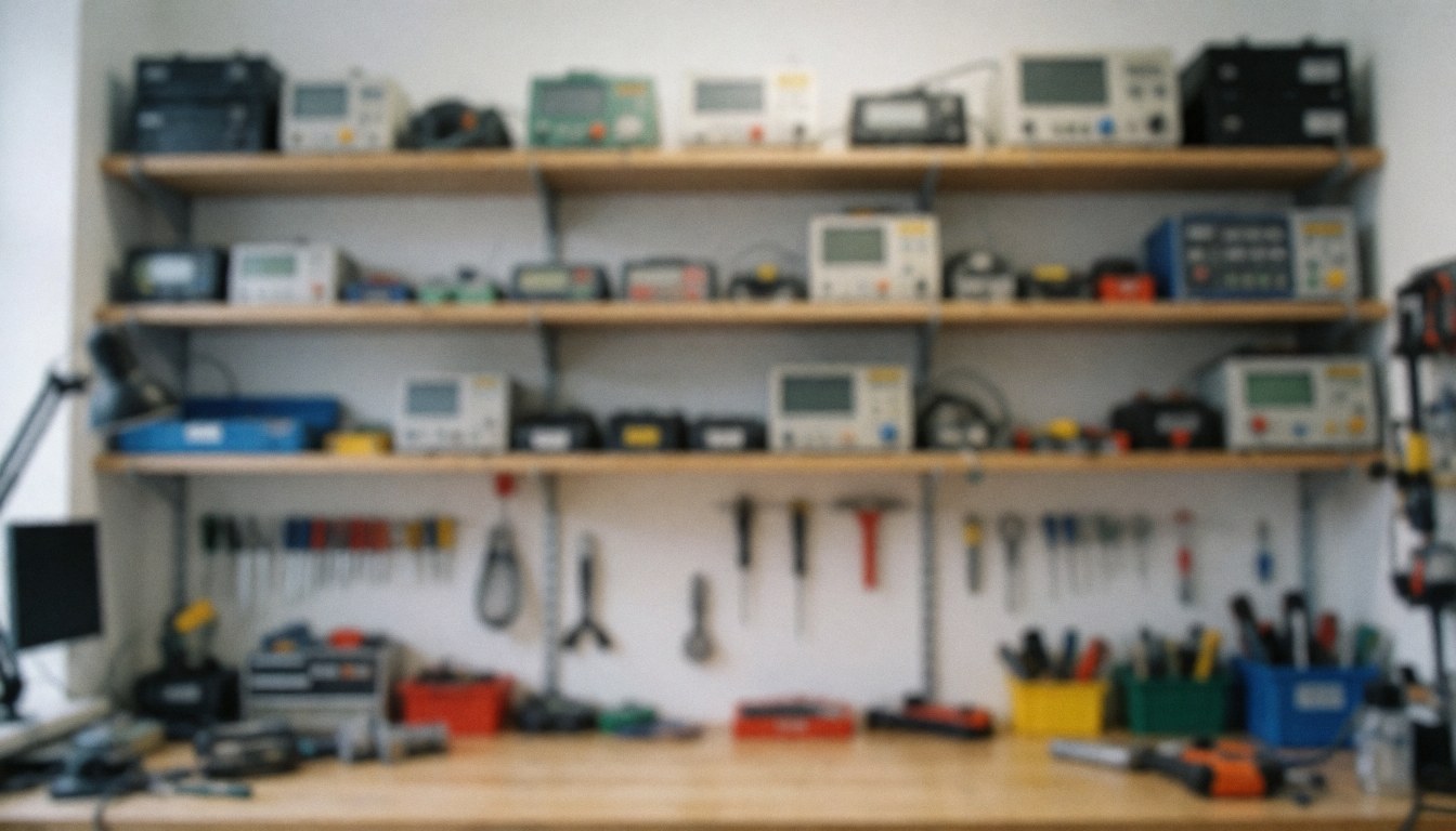 Workshop background with shelves full of tools and electronic equipment, ideal for appliance repair services.