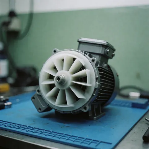 Close-up of a white dishwasher motor impeller resting on an anti-static blue mat in a workshop with green walls and clinical lighting