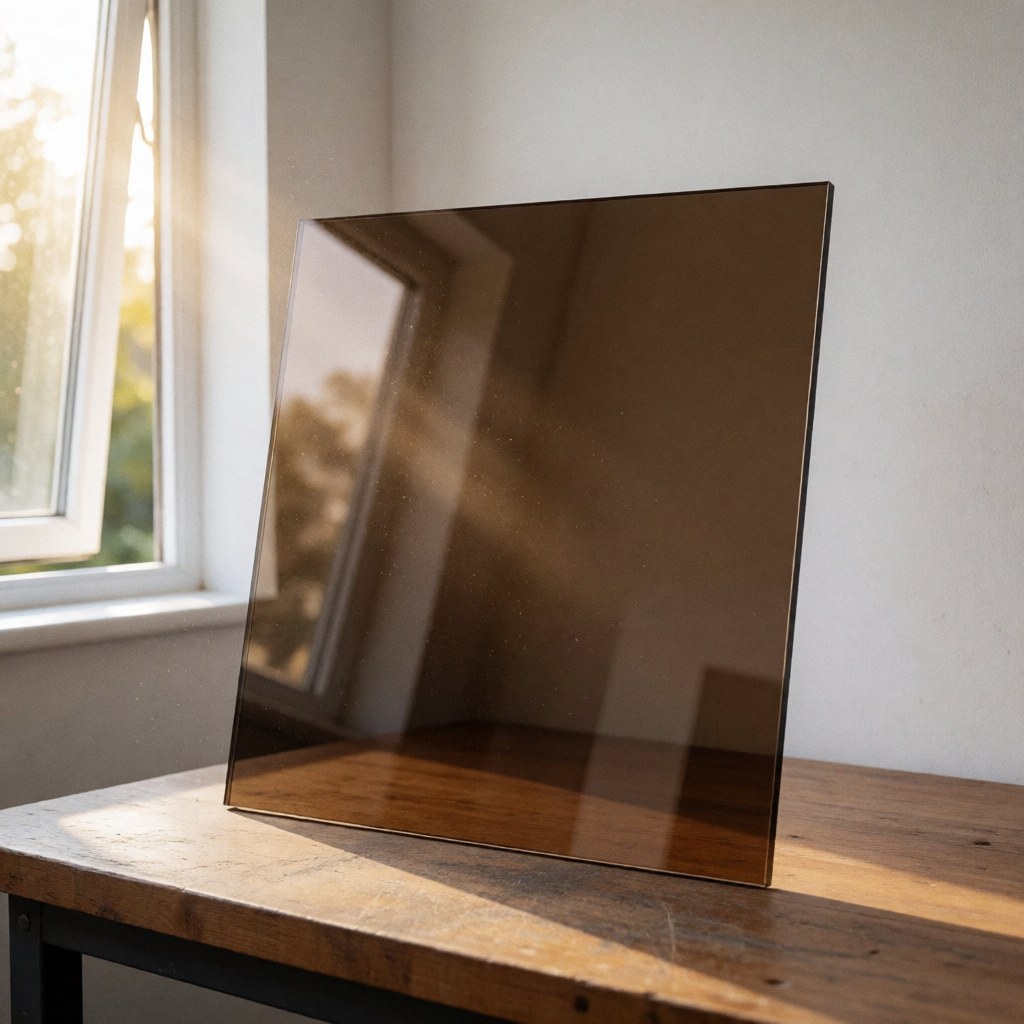 Dark bronze insulated glass pane resting on a wooden surface with sunlight and reflections, ideal for window installation projects.